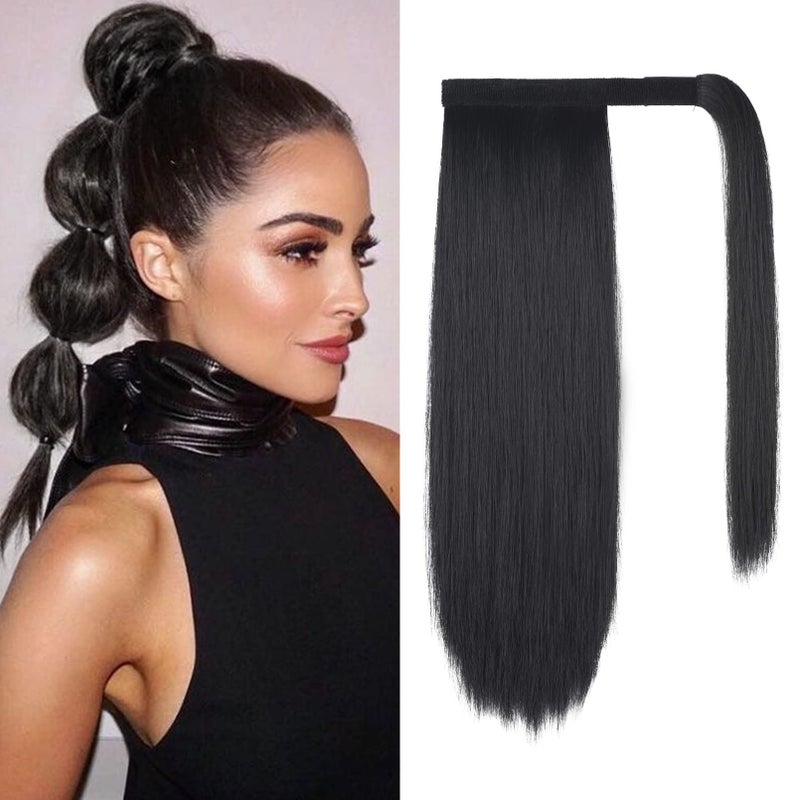 SEIKEA Clip in Ponytail Extension Wrap Around Straight Hair for Women (16'', Black) - Image 1